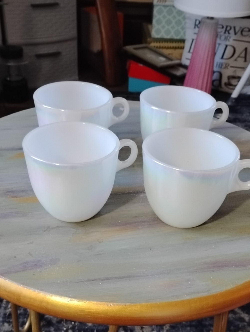 Vintage Federal Glass Iridescent White Glass Teacup Set - 4pc